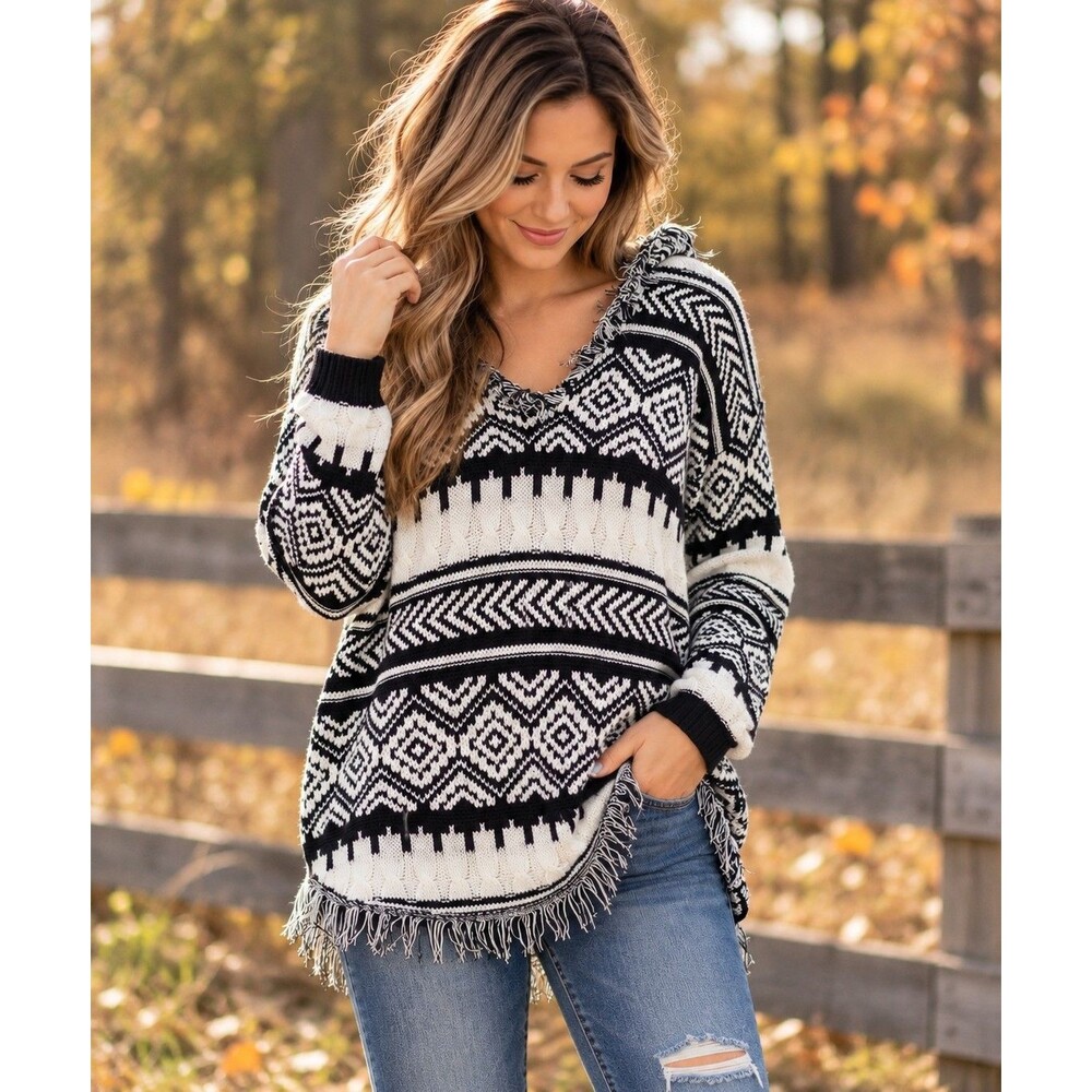 New Directions Womens S Hooded Sweater Black White Southwestern Boho Fringe Knit
